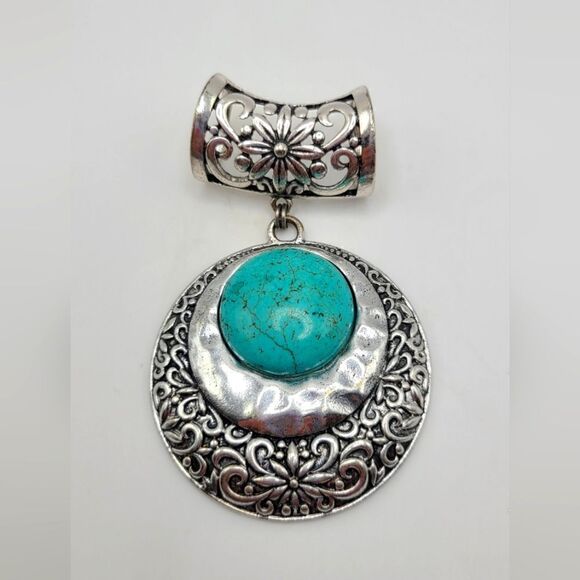 Necklace pendant scarf ring,  silvertone with faux turquoise - Picture 1 of 5